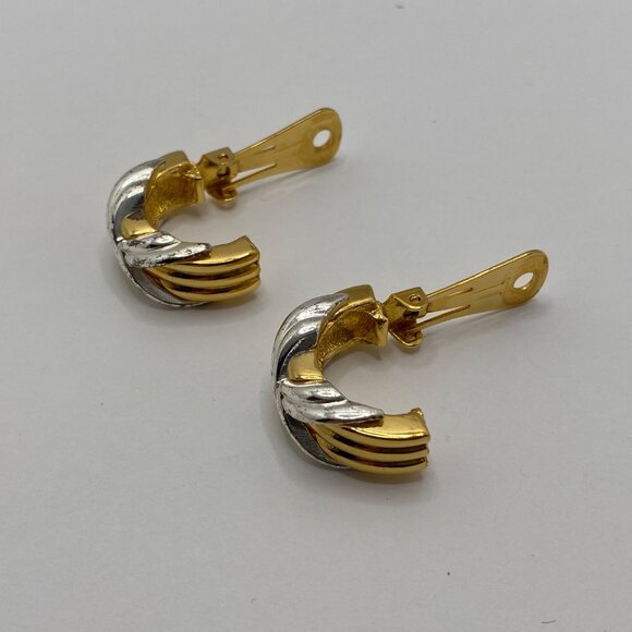 Vintage Two-Tone Gold and Silver Costume Clip-on Hoop Earrings - Picture 8 of 9
